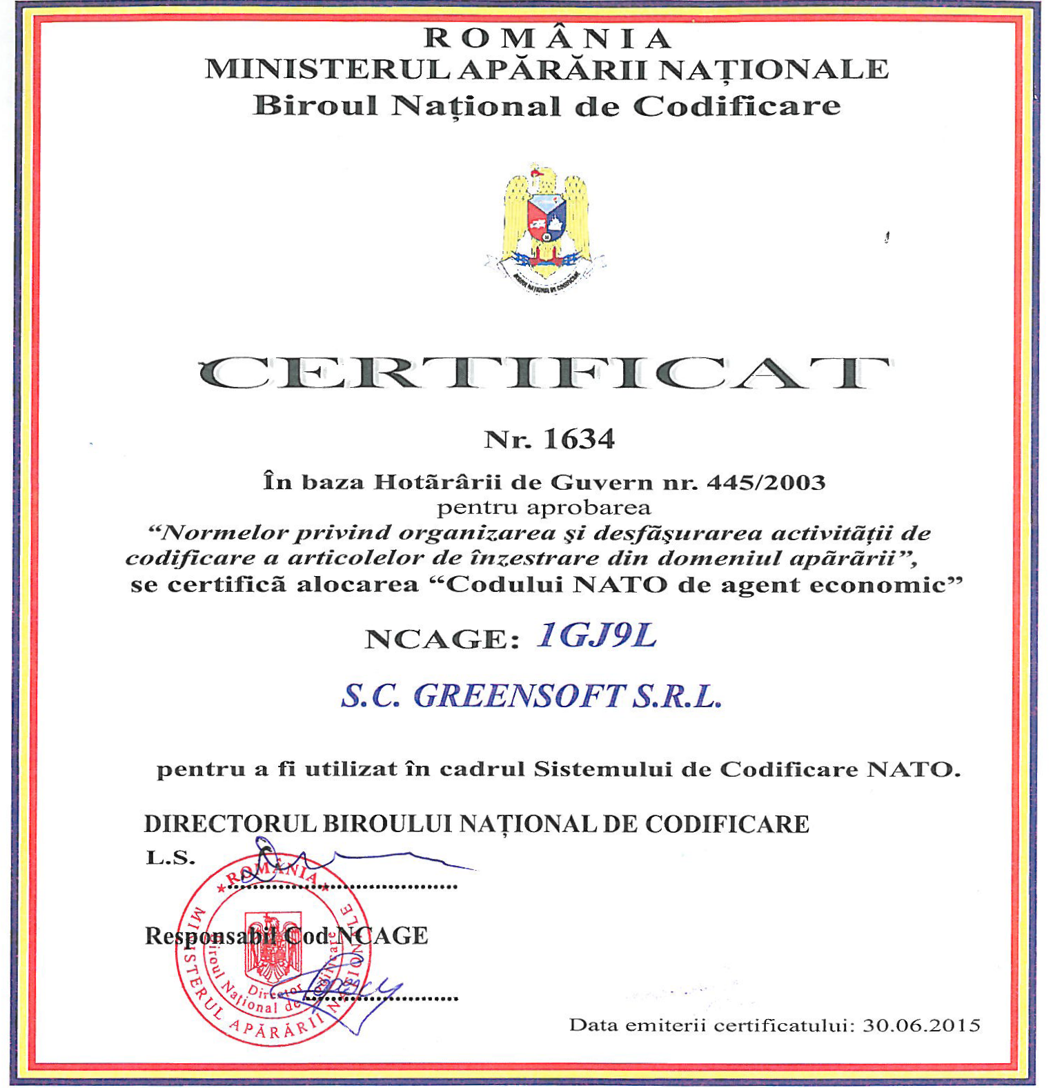 Certificat Agent Economic NATO GreenSoft Computers
