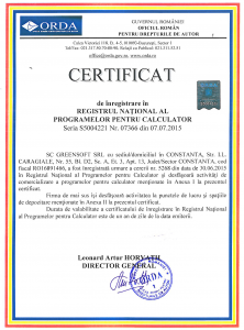 Certificat ORDA de inregistrare in Registrul National al Programelor pentru Calculator