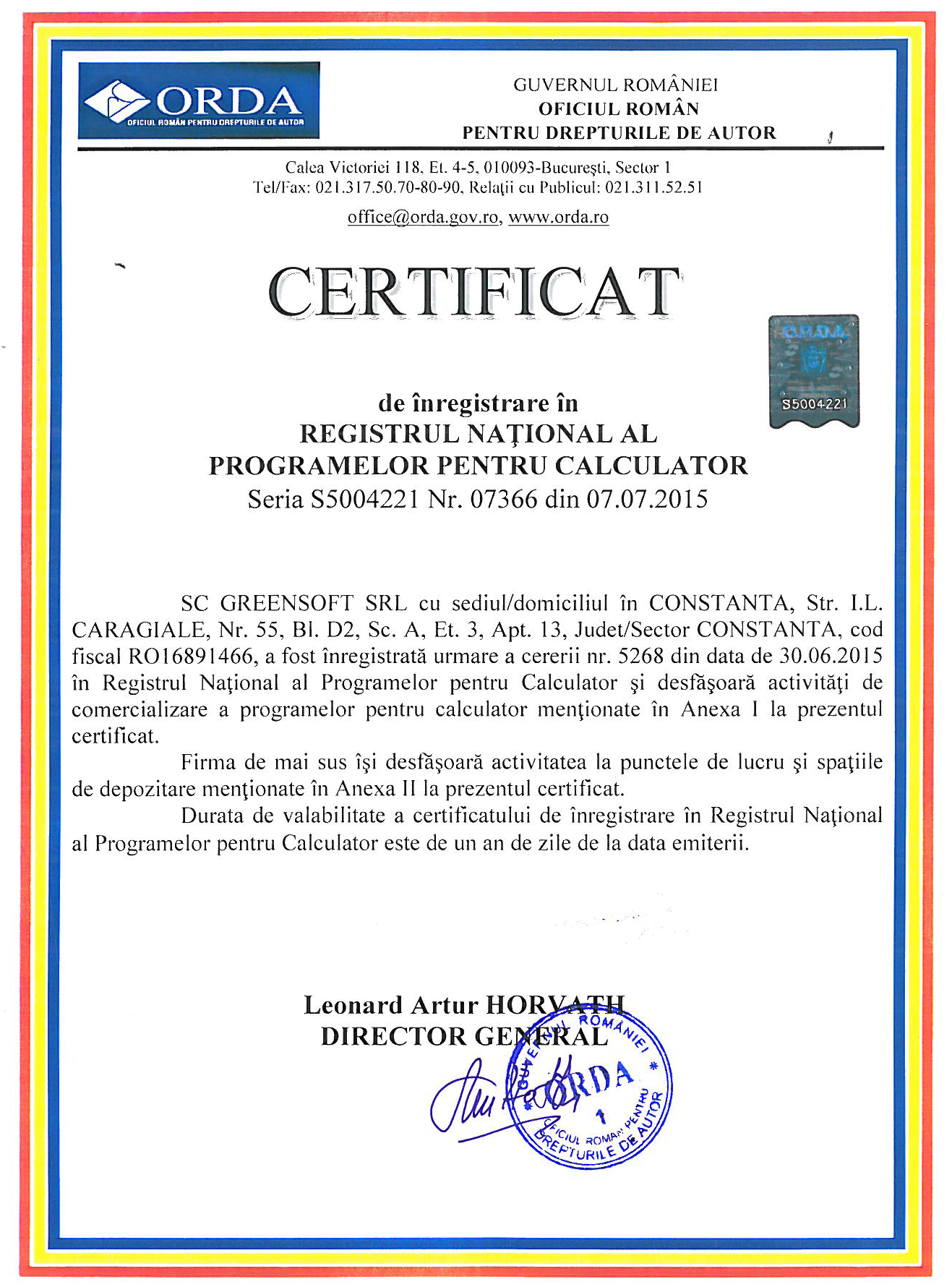 Definition fare penny Certificat ORDA de inregistrare in Registrul National al Programelor pentru  Calculator - GreenSoft Computers
