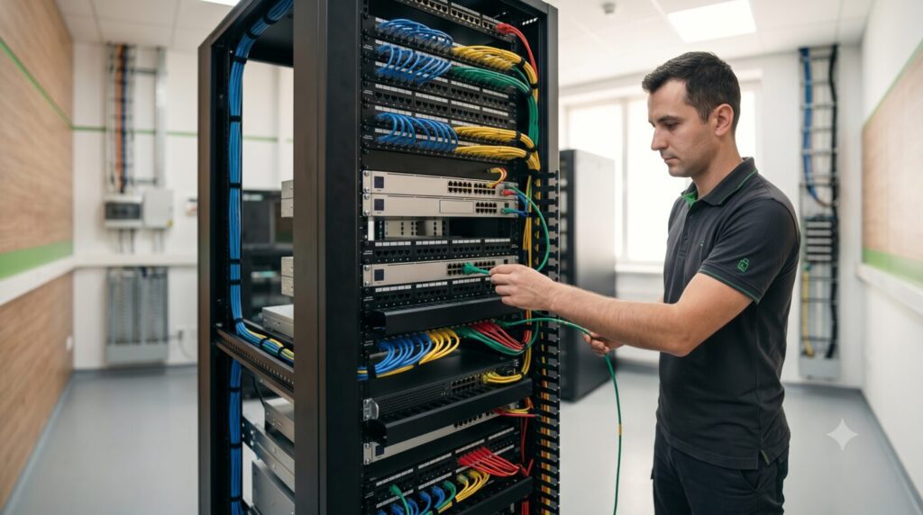 Rack de rețea cu cablare structurată ordonată și patch panel — GreenSoft Constanța