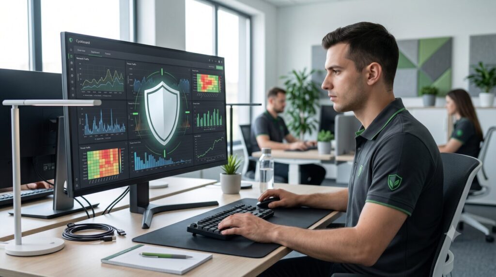 Specialist analizând un raport de securitate cibernetică — conformitate NIS2, GreenSoft