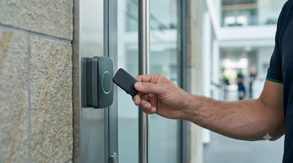 Cartelă de acces lângă un cititor — control acces GreenSoft, Constanța
