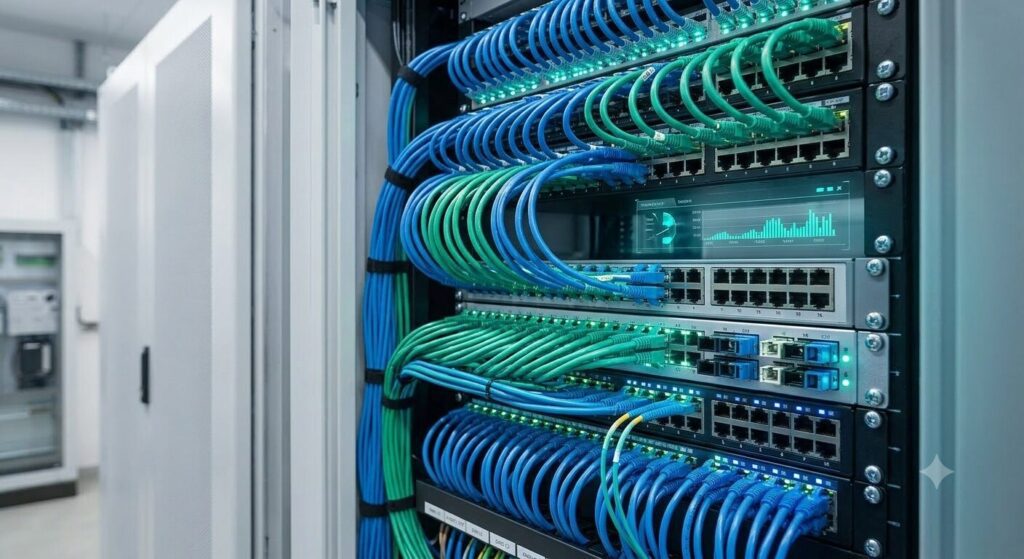 Rack de rețea cu cablare structurată și switch-uri — servicii curenți slabi și rețele GreenSoft, Constanța