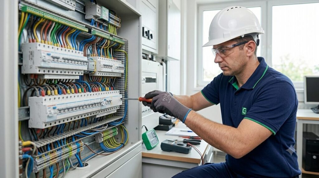 Electrician GreenSoft executând o instalație electrică la tablou — Constanța