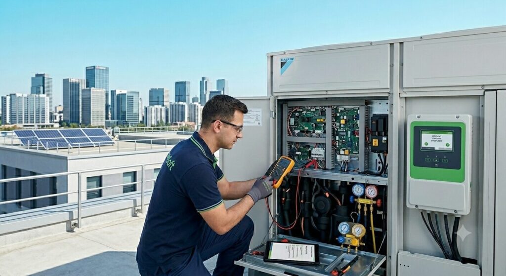 Tehnician GreenSoft în mentenanța unei instalații HVAC pe acoperiș, Constanța