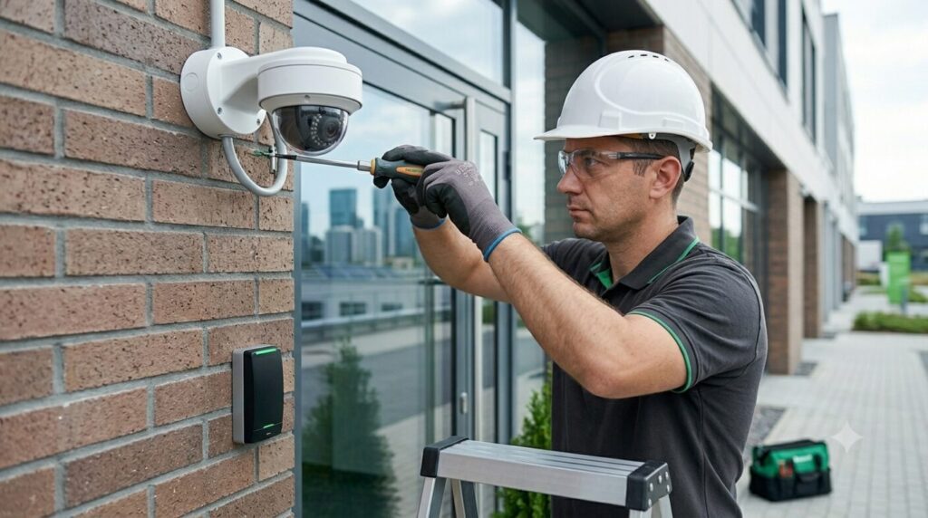 Tehnician GreenSoft montând o cameră CCTV pe o clădire — securitate fizică, Constanța