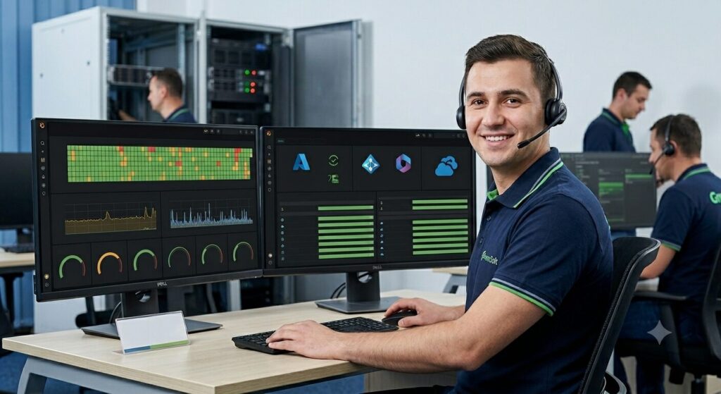 Specialist IT GreenSoft monitorizând infrastructura — service IT și outsourcing, Constanța