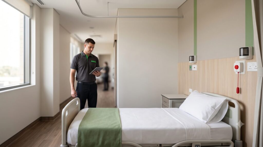 Sistem nurse call cu buton de apel la pat într-o unitate medicală — GreenSoft