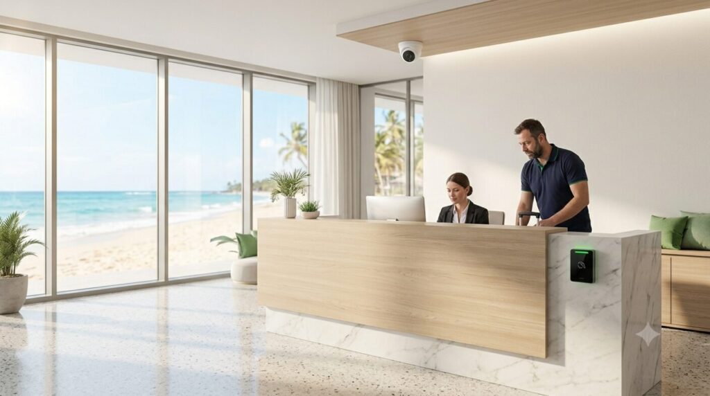 Recepție de hotel pe litoral cu sisteme de securitate — soluții GreenSoft
