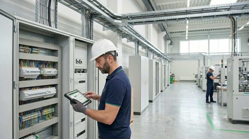 Tehnician GreenSoft într-o hală industrială cu tablouri electrice