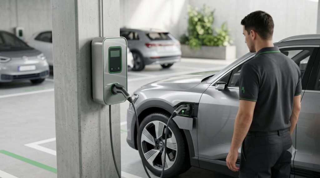 Stație de încărcare pentru mașini electrice conectată la un autovehicul — GreenSoft Constanța