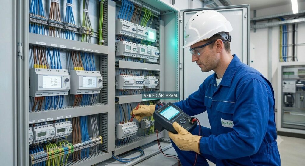 Electrician autorizat efectuând verificări PRAM la un tablou electric — GreenSoft