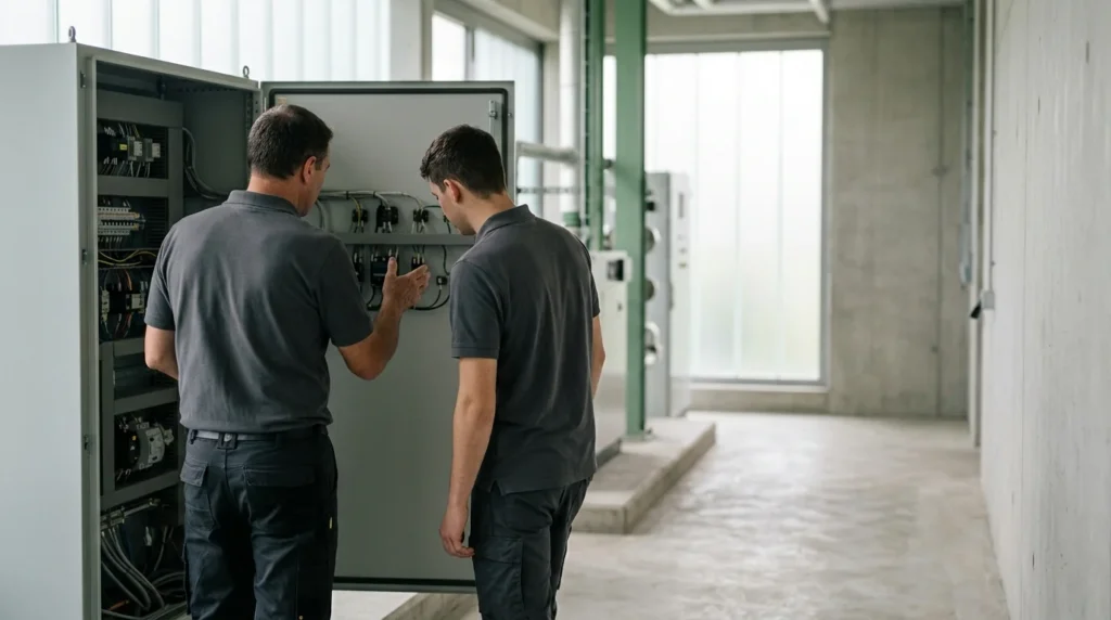 Tehnician GreenSoft instruind un coleg la un tablou de automatizare