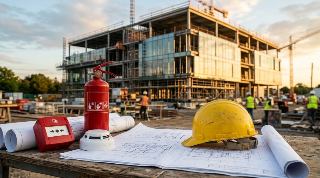 Planuri de construcție pe un șantier, cu buton manual de alarmare, detector de fum, stingător și cască de protecție
