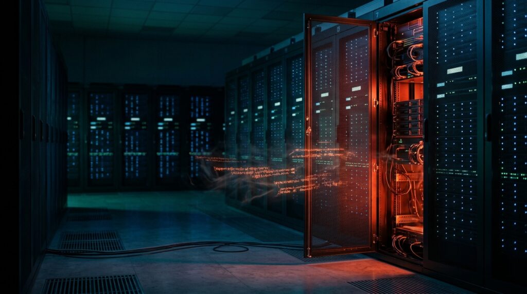 Rack de server întredeschis într-o sală de servere, cu lumină roșie care sugerează o breșă de securitate