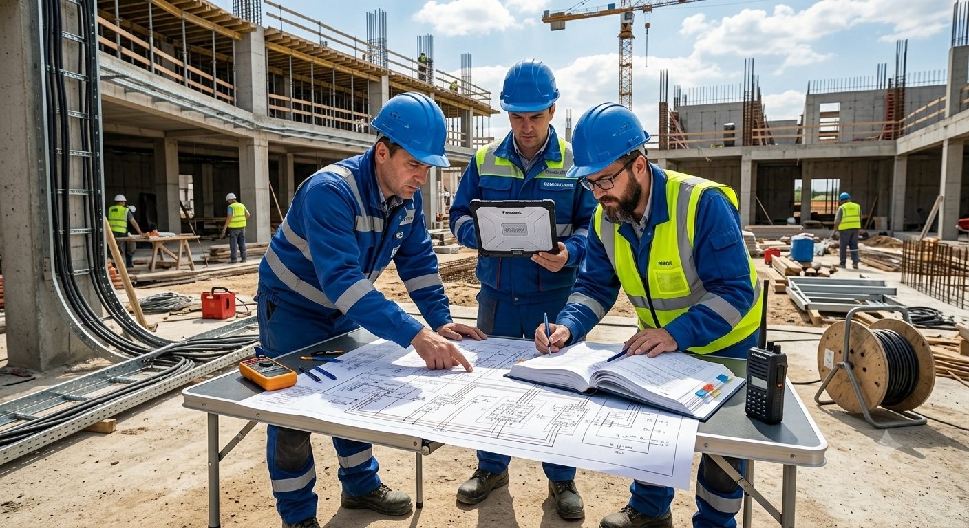 Echipă GreenSoft pe șantier analizând planurile unei instalații electrice